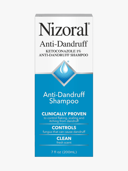 Nizoral Anti-Dandruff Shampoo with 1% Ketoconazole in white and blue branded component on a light gray background
