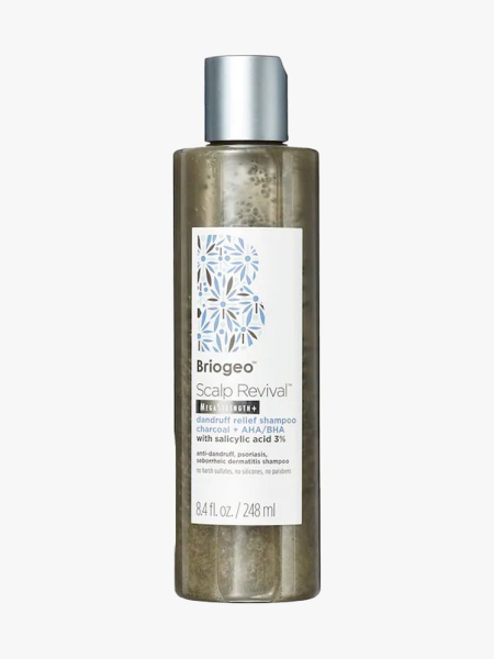Briogeo Scalp Revival Dandruff Relief Charcoal Shampoo in branded component on a light gray background